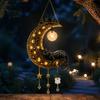 Gift for Family Friends Solar Halloween Hanging Moon Cat Lamp with Ghost Star Charm, Black on Crescent Weather Resistant Metal Yard Stake Wind
