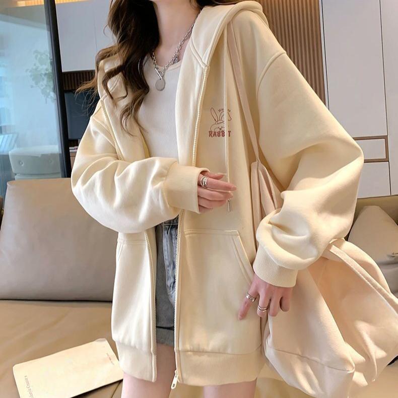 Embroidered Pattern Hooded Sweatshirt Women's Autumn and Winter Zippered Fleece Top