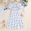 Popular Summer Children Clothing 8 9 10 11 12 Years Old Kids Blue Floral Printed Dresses Short Sleeve Princess Girls Dress
