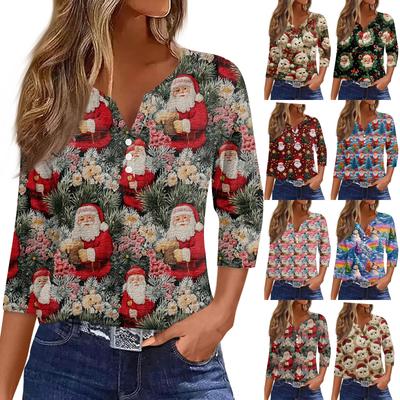 Жен. Футболка Футболка С принтом Пуговицы Рукав 3/4Ежедневно Выходные Мода Классический Топ с v-образным вырезом Обычный