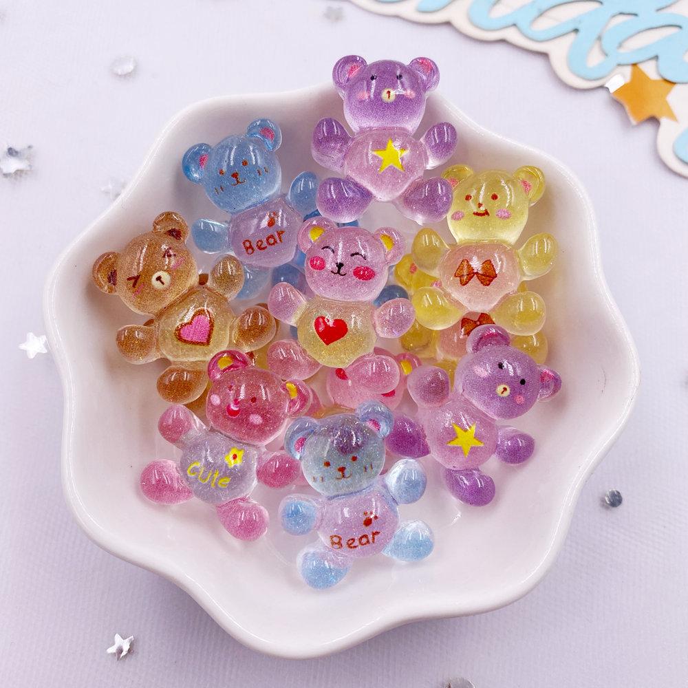 20Pcs Resin Glitter Kawaii Colorful Mini Love Bear Figurine Flat Back Rhinestone DIY Bow Decor Art Scrapbook Crafts Accessories