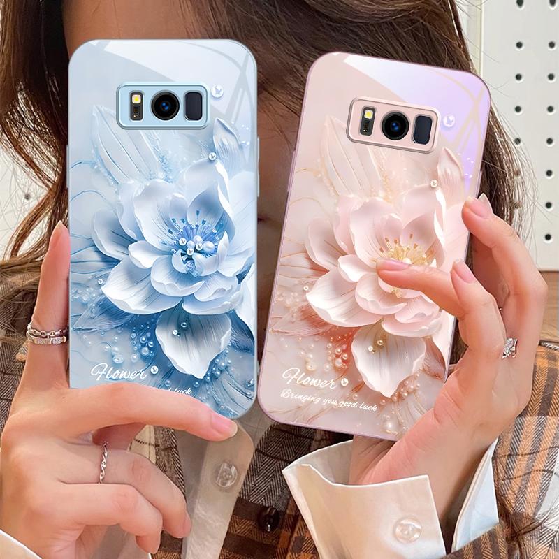 Цветущие синие цветы Для Samsung S25 S25 Edge S25Ultra S8 9 S10 20 U ltra S21 Pro 22 Plus S23 FE S24 Ultra Стеклянный чехол для телефона