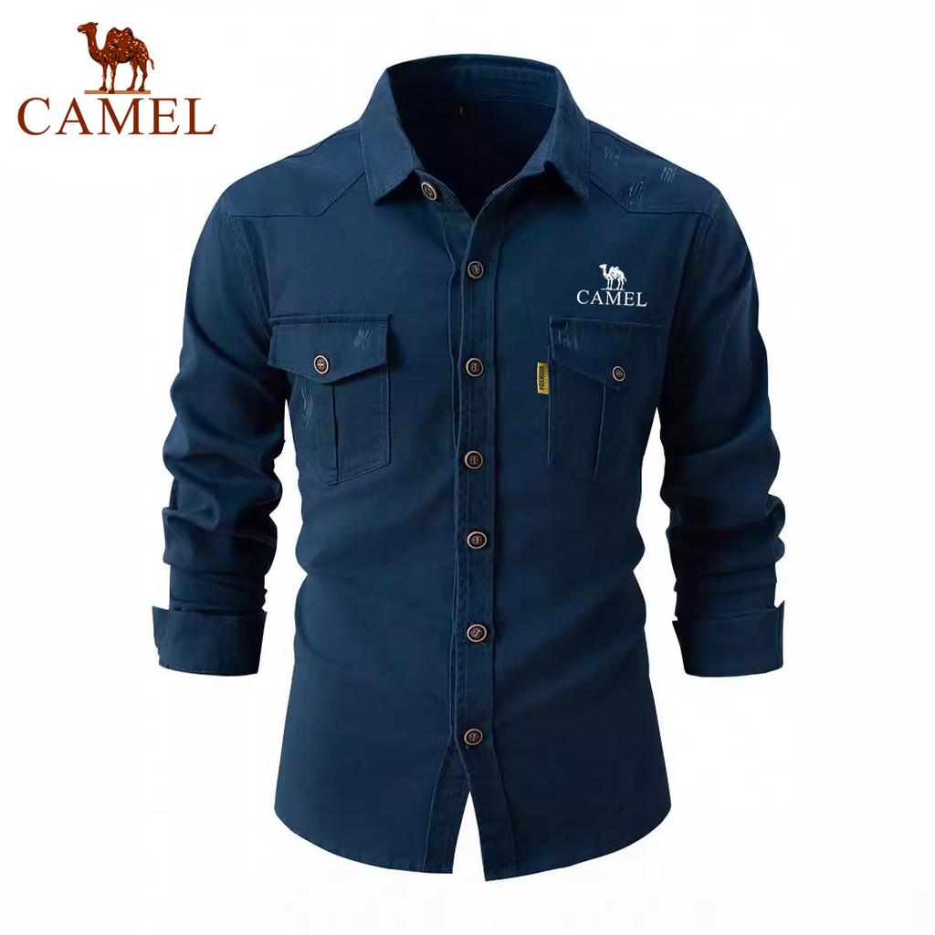 Camel Spring and Autumn New Embroidered European Size Shirt Men's Washed Elastic Pure Cotton Leisure Fashion Business Men's Long Sleeved Shirt