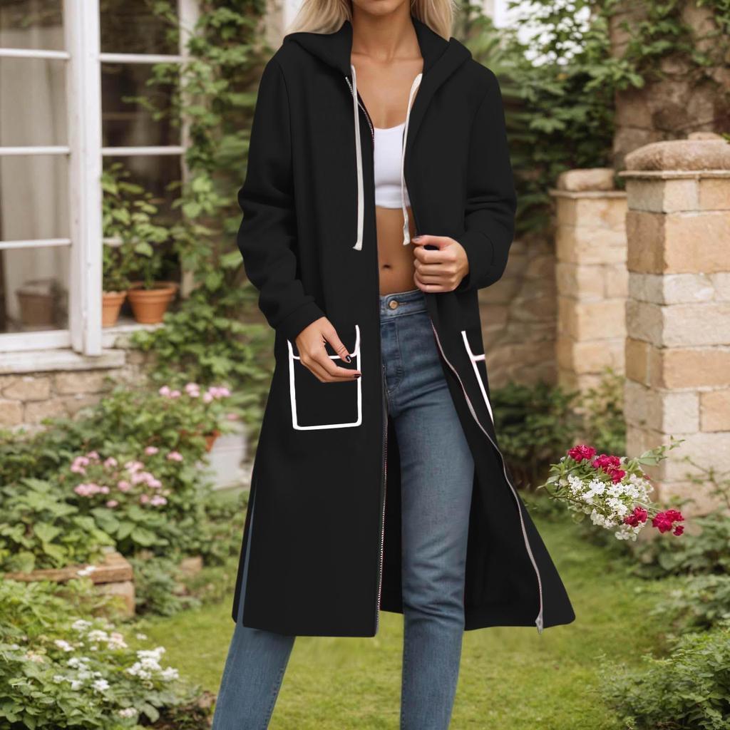 Women's Solid Color Fashionable Loose Zipper Long Cardigan Hooded Sweatshirt Jacket