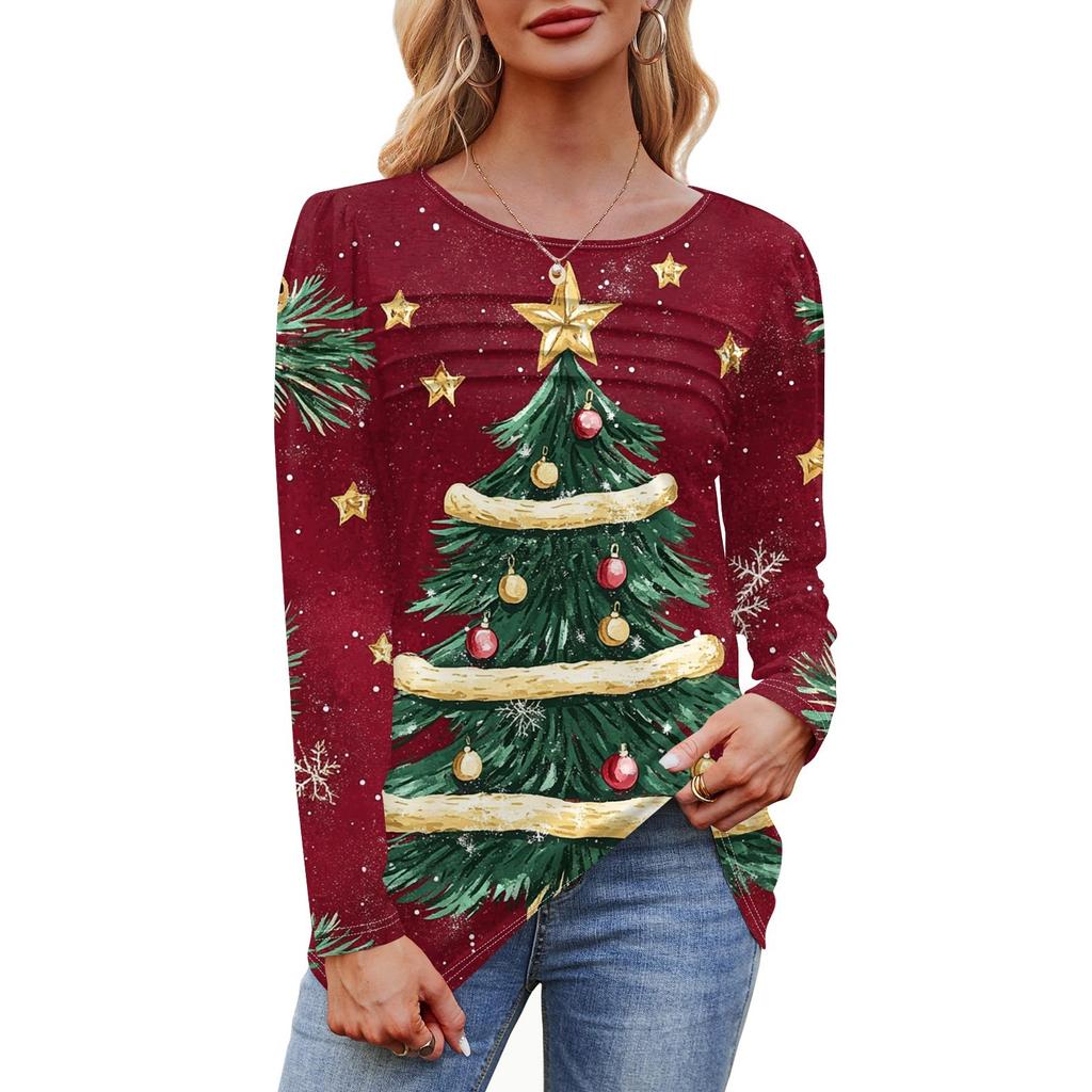 Женская футболка с круглым вырезом и длинными рукавами с принтом рождественской елки и снежинки