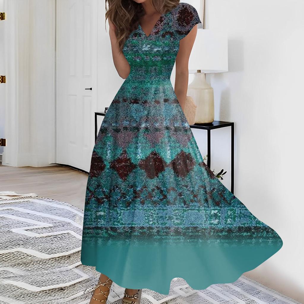 Женское длинное платье Макси-платье Повседневное платье Летнее повседневное платье с короткими рукавами и v-образным вырезом в стиле бохо с талией и принтом