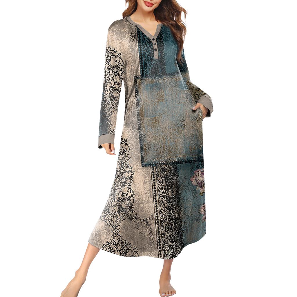 Женская ночная сорочка длинная домашняя одежда с V-образным вырезом и карманами