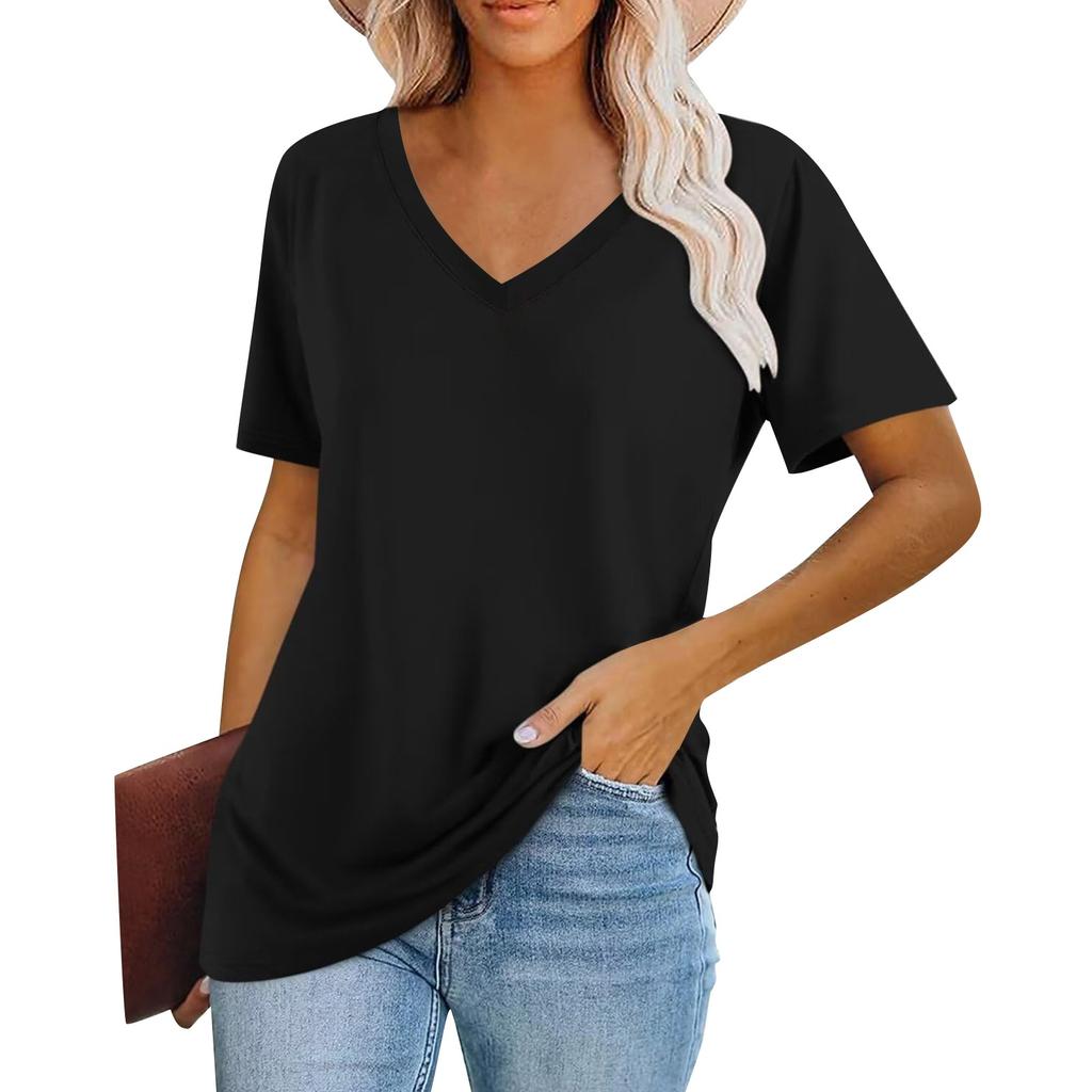 Women's Fashion V-Neck Classic Loose Solid Color Casual Short Sleeve T-Shirt