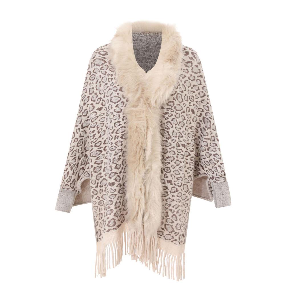 Шерстяное трикотажное пальто-шаль с леопардовым меховым воротником для женщин