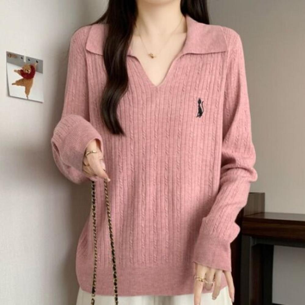 Navava Women Cat Embroidery Cable Knit Long Sleeve Collar Top Nk3594