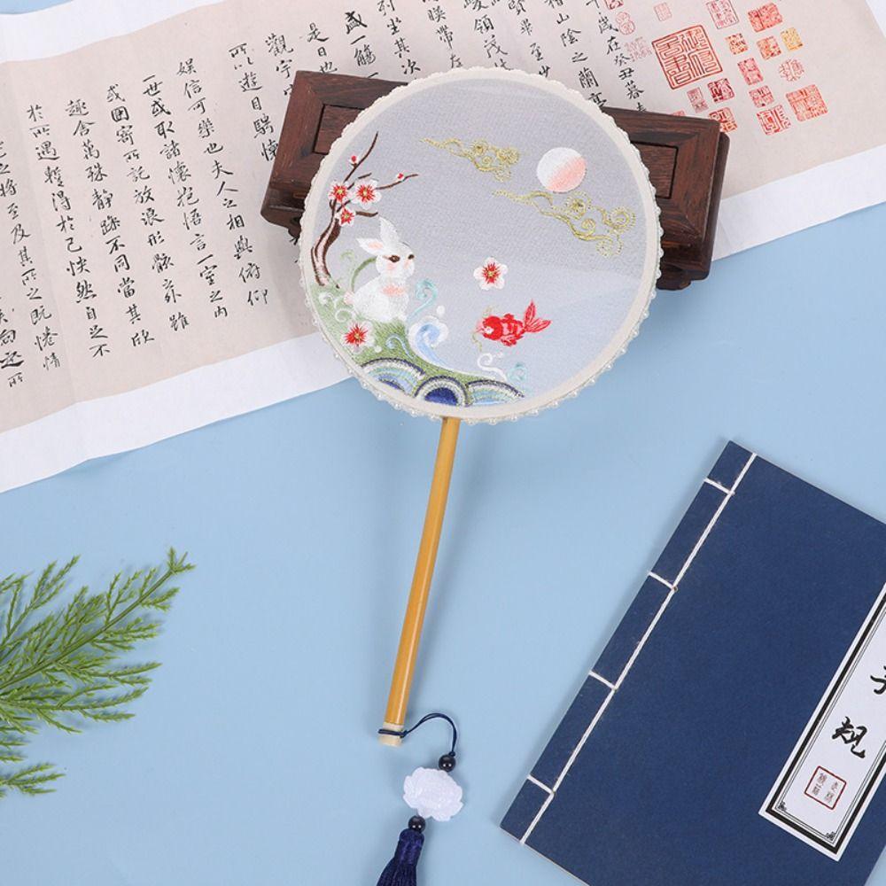 Классический круглый веер в китайском стиле, винтажный вышитый шелковый веер, двусторонний с кисточкой, ручной веер для женщин