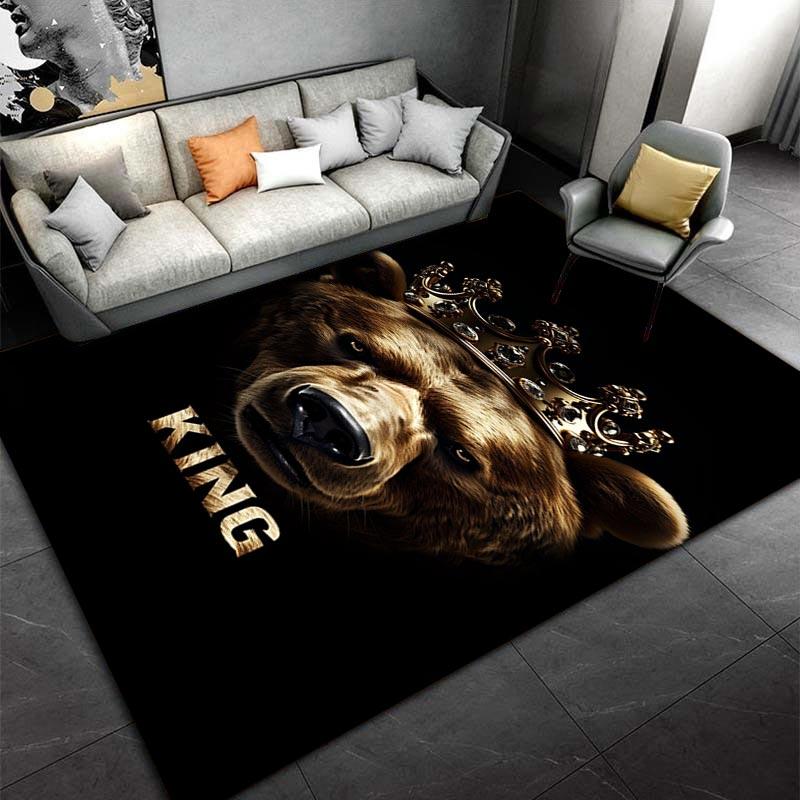 Bear with Crown Printed Carpet - Black Background with "King" Text Suitable for use as an anti-slip for living room bedroom sofas