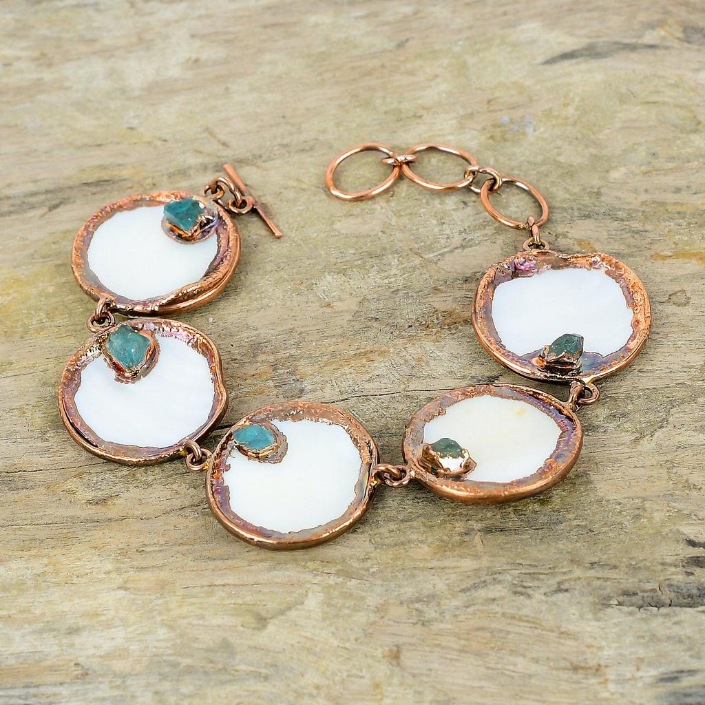 Mother Of Pearl Bracelet Electroformed Copper Bracelet Adjustable Chain Bracelet Electroformed Jewelry Aquamarine Rough Gemstone Bracelet