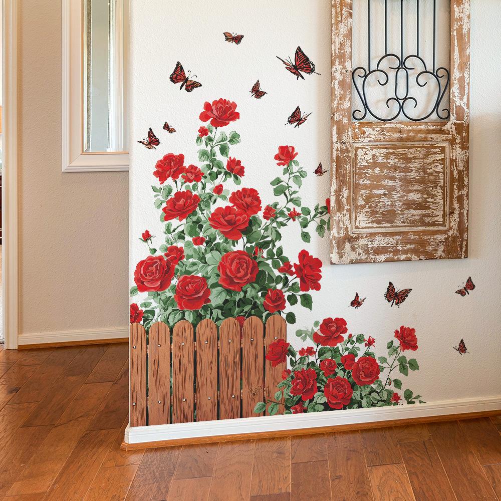 Забор для клумбы с розами и наклейки для украшения стен дома с порхающими бабочками