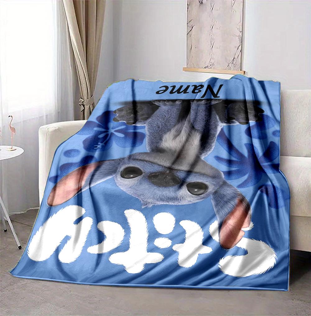 Custom Name Stitch Blue Flannel Blanket Throw Blanket Soft Warm Sofa Bed home Decor Unique Gift