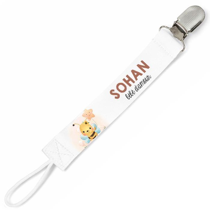 Planetee Attache tétine pour prénom SOHAN bébé d'amour abeille garçon | Attache sucette cadeau naissance