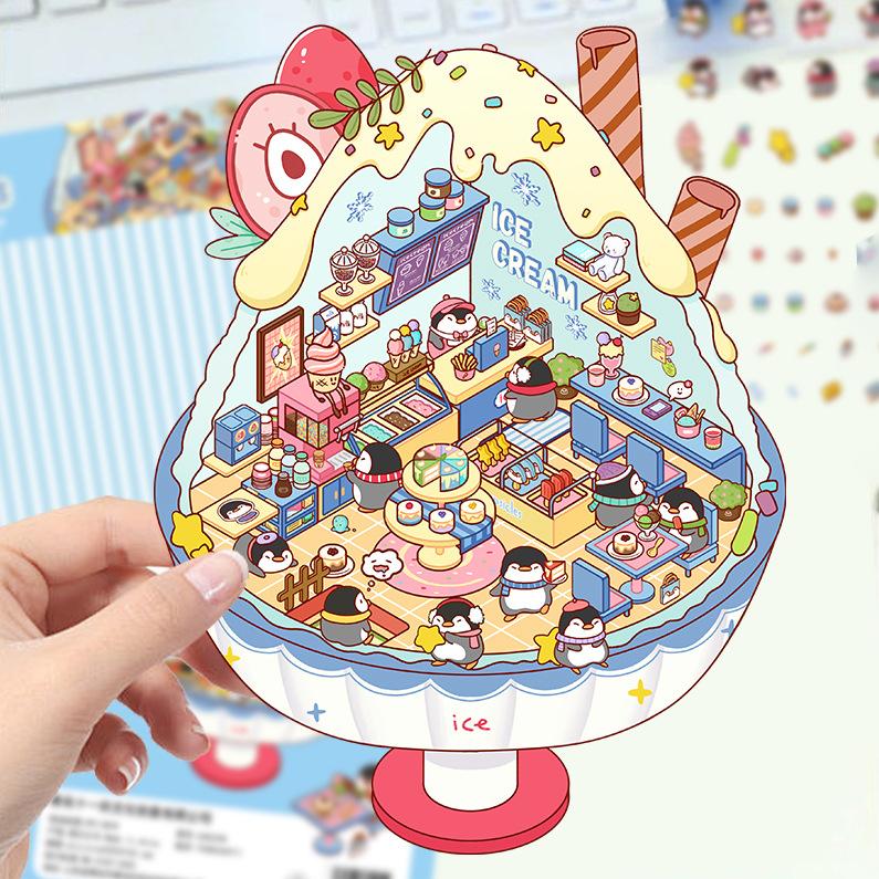 Cartoon Landscape Stickers Multiple Miniature World 3D Hut Unzip DIY Scene Manual Post