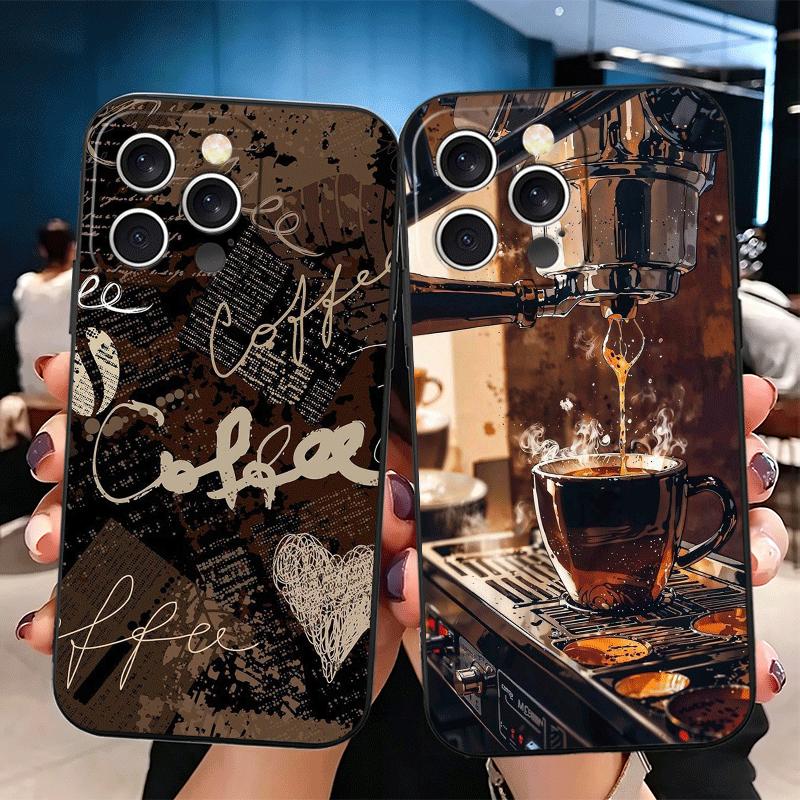 Черный Кофе Модный Стиль Мягкий Чехол для Телефона для iPhone 16 16E 17 Air 15 Pro Max 14 Plus 13 Mini 11 12 7 Черная Задняя Крышка