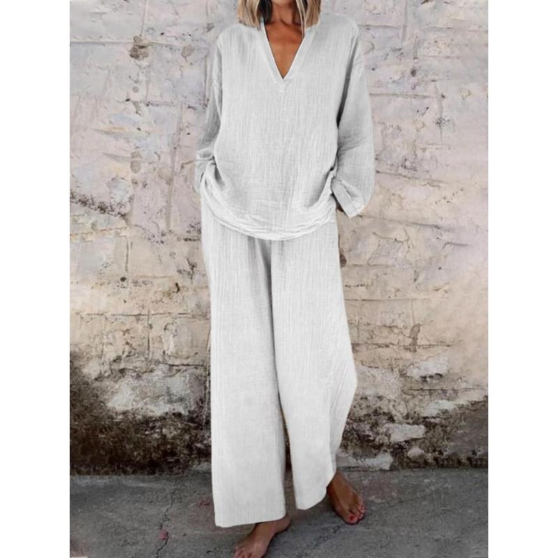 Женский комплект из топа с V-образным вырезом свободного кроя и брюк широкого кроя светло-голубого цвета, повседневный наряд из хлопка и льна