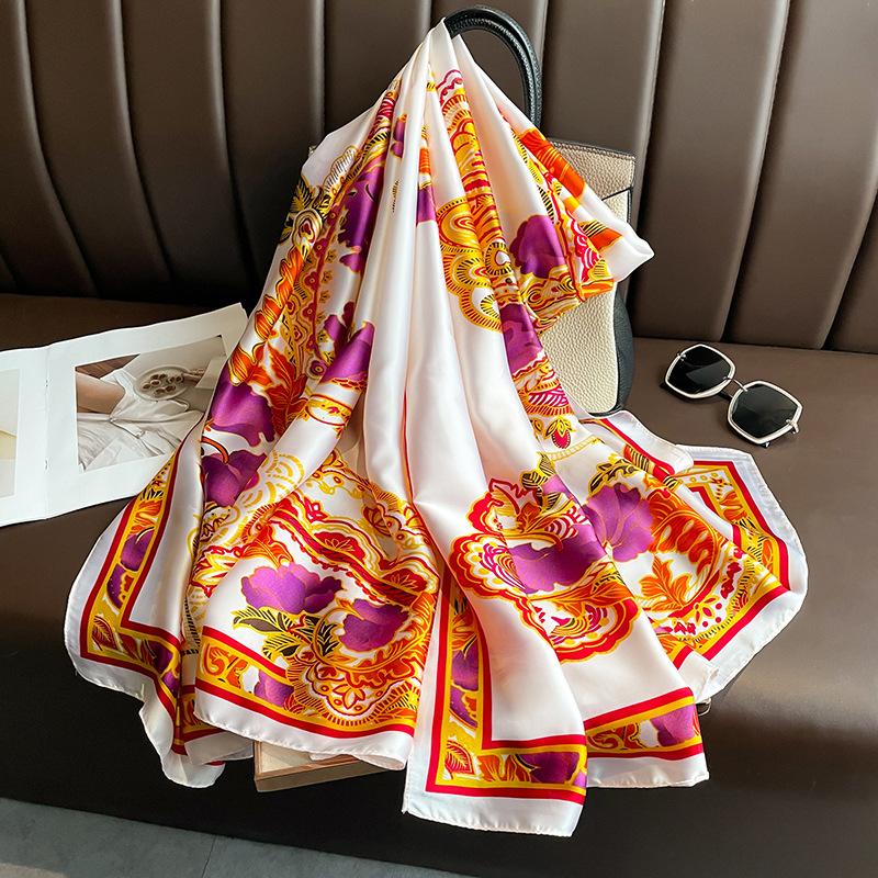 Long Silk Scarf Spring and Summer Thin Style Printed Scarf Beautiful Brocade Lotus Shawl Imitation Silk Scarf Gauze Scarf