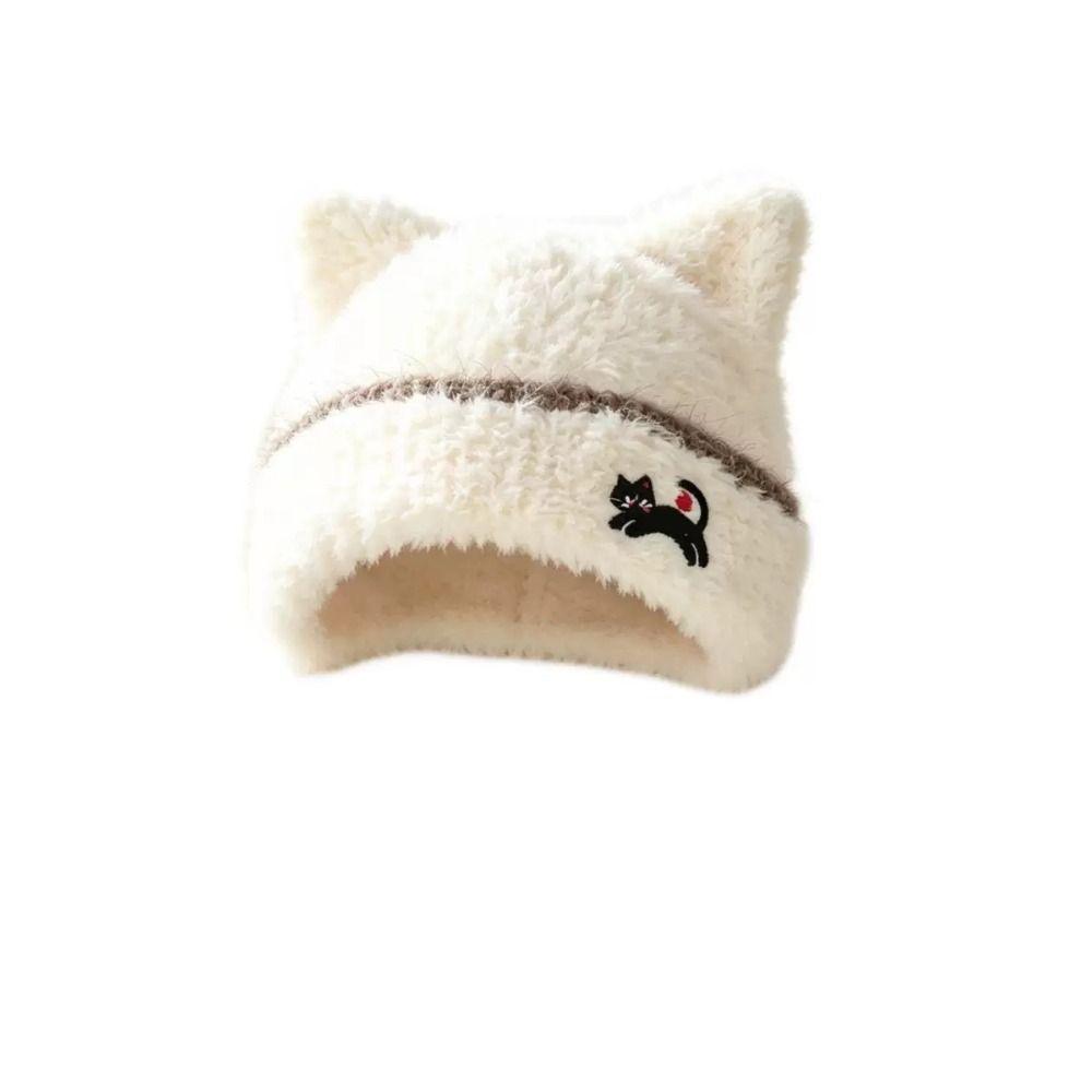 Cold Proof Plush Knit Hat Warm Cat Ear Hat Soft Fall Winter Skull Cap For Women