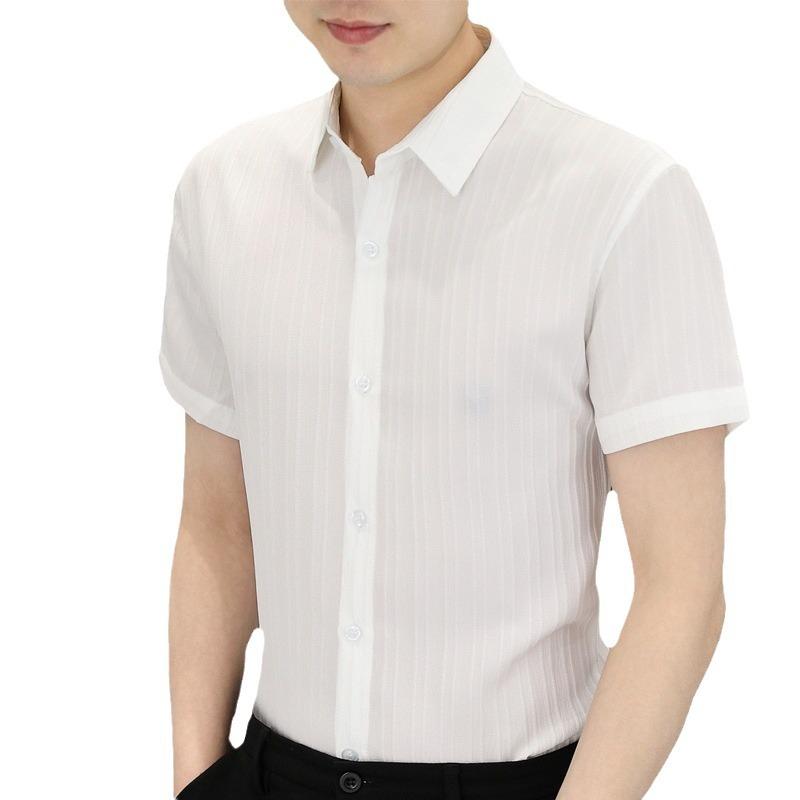 Summer Short-sleeved Shirt Men's Slim Senior Sense of Business Non-iron Striped Short-sleeved Shirt Hairstylist Tide Men's Clothing