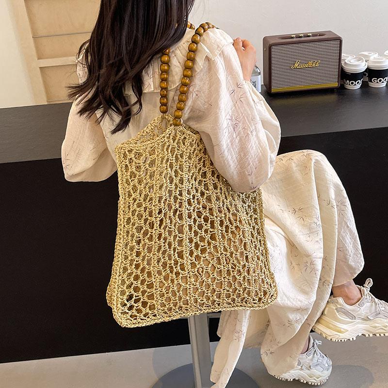 Модная соломенная сумка с бисером и плечевыми ремнями, женская полая сумка ручной работы, женская большая вместимость, летняя повседневная дорожная пляжная сумка-тоут