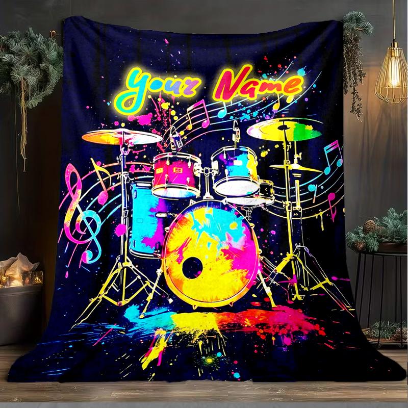 1PC Custom Name Colorful Drum Set Music flannel blanket versatile,all-season throw suitable for the living room,bedroom,camping,travel,and gift