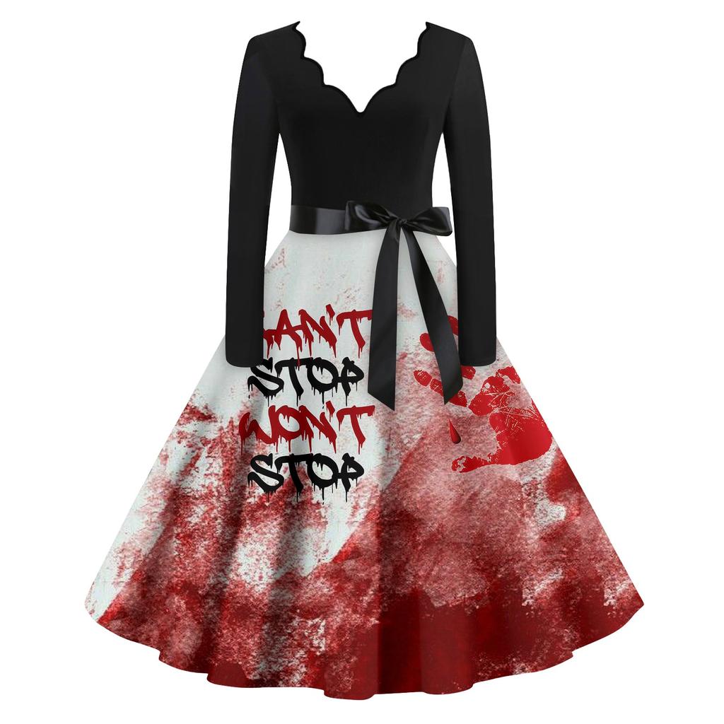 Женские повседневные модные винтажные длинные платья с длинным рукавом на Хэллоуин и графическим принтом