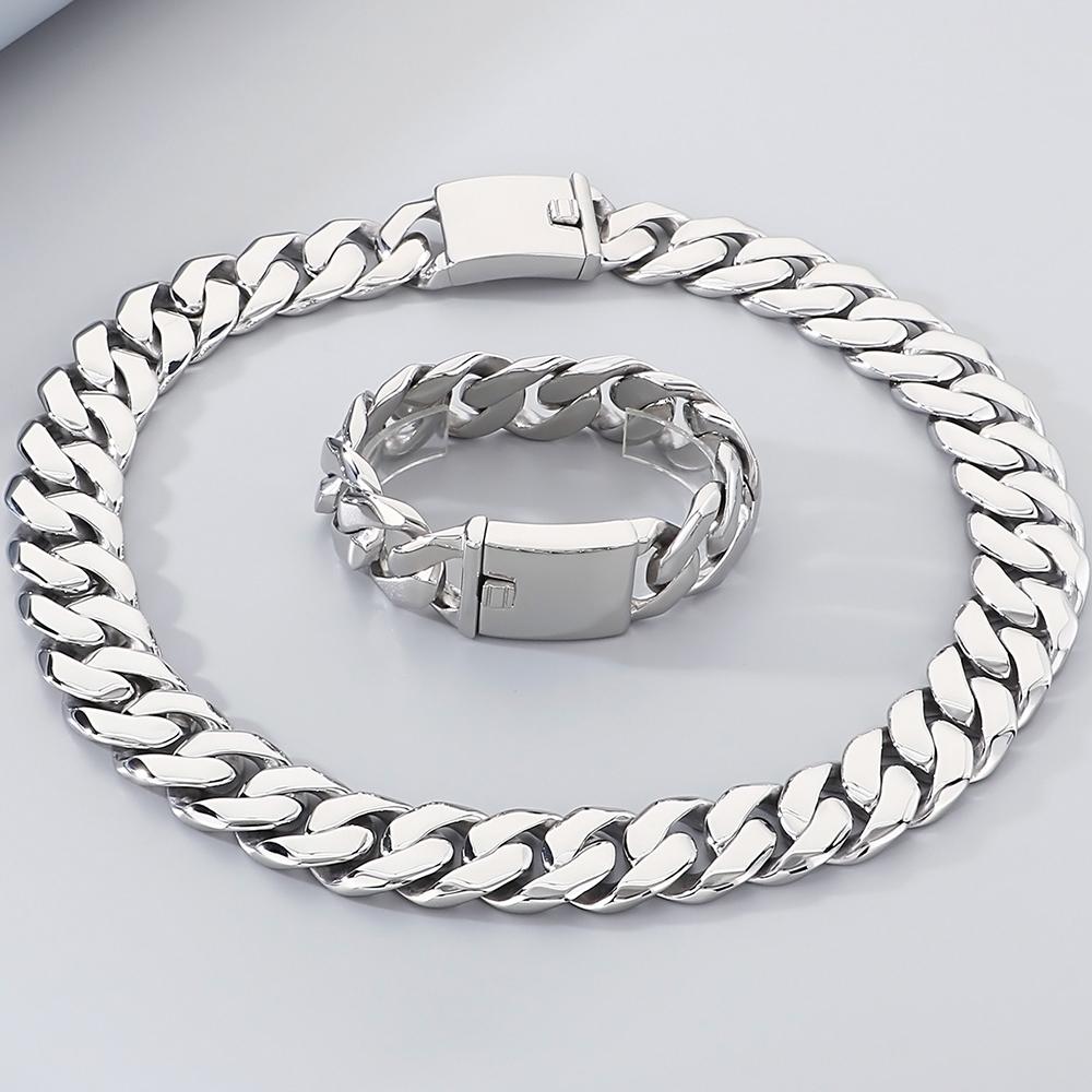 22/60CM 24MM Cuban Chain Bracelet Necklace For Men Hip-Hop Cool Black Gold Color Stainless Steel Necklaces Jewellery Accessories