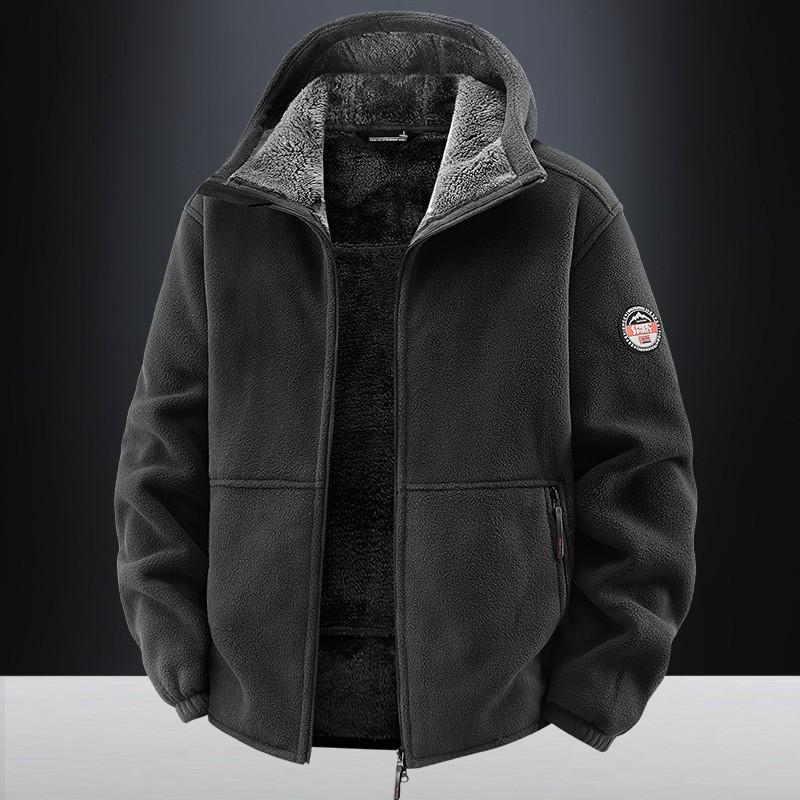 Mens Fleece Jacket Thick Warm Hooded Coat Solid Color Casual Winter Outerwear