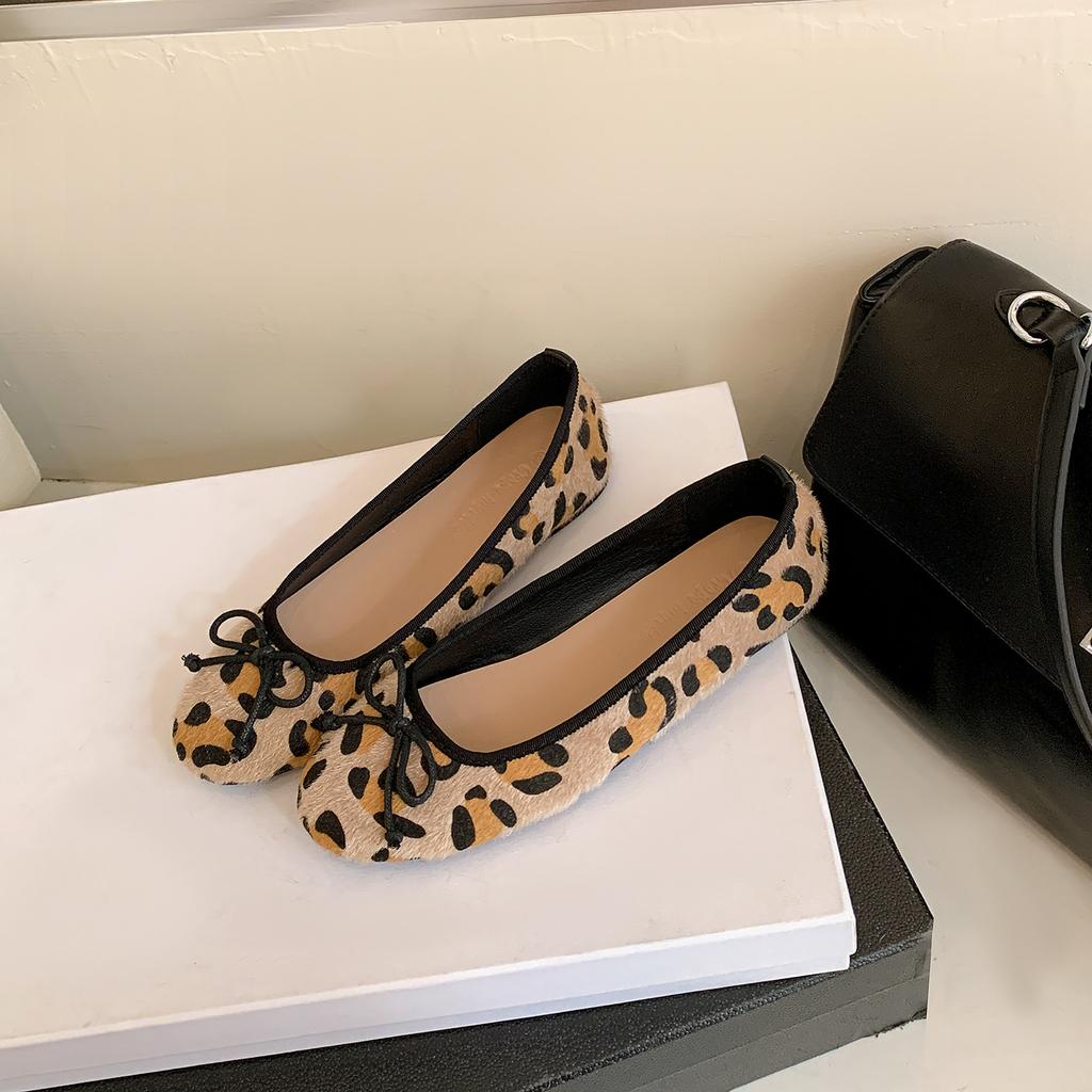 Leopard Print Leather Horsehair Round Head Bow Light Mouth Flat Sole Shoes French Versatile Comfortable Ballet Women's Shoes