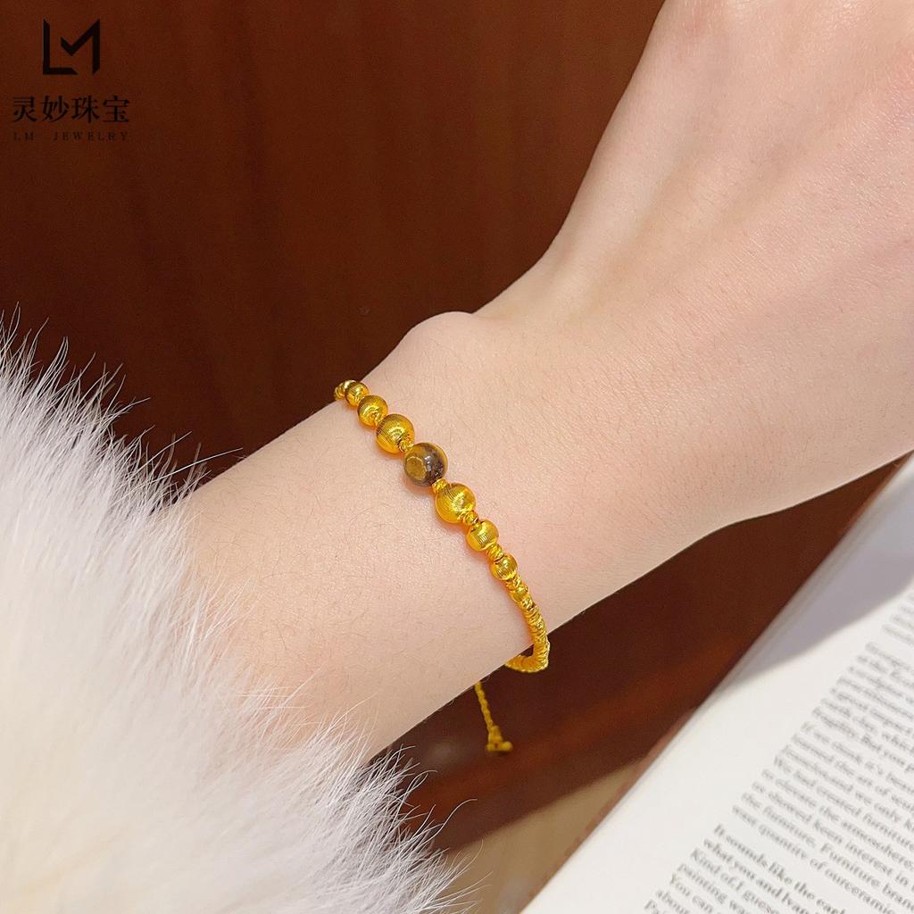 Ожерелье и браслет с бусинами «Кошачий глаз» для женщин, 24K золото AU999 - Стиль «Кошачий глаз» в стиле легкой роскоши, сдержанно мерцающее, для офисных дней