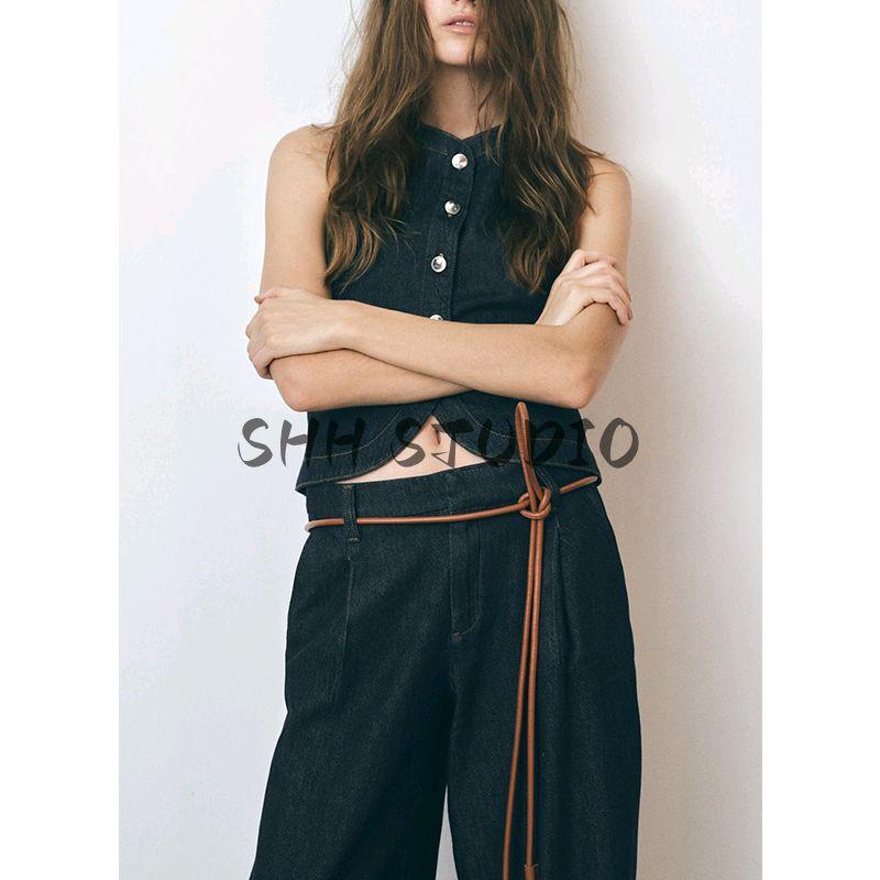 Spring and Summer New Round Neck Denim Silm Vest 3777021 Pleated Mid Waist Wide Leg Denim 3777023