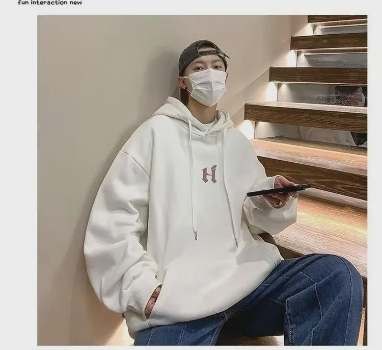 Мужская толстовка с капюшоном из японского бархата больших размеров — модная и свободная на осень/зиму