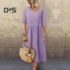Women Summer Dress O Neck Loose A-line Short Sleeves Solid Color Pockets Button Decor Pleated Mid-calf Length Midi Dress