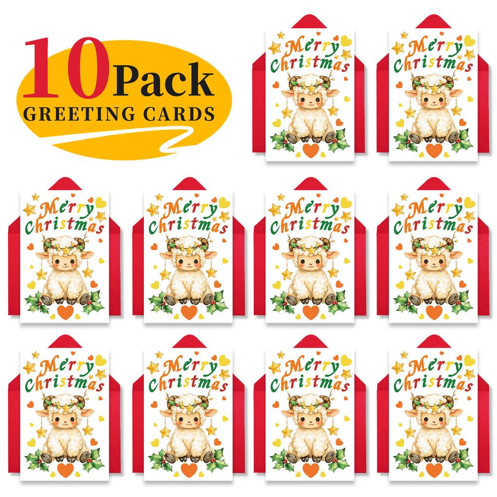 10PCS Cute Cartoon Christmas Greeting Cards Set with Envelopes, Large Size Hand-drawn Xmas Cards for Holiday Wishes & Gifts
