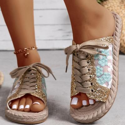 Женские повседневные тапочки на плоской подошве с вышивкой из пайеток и сеткой, универсальные летние пляжные сандалии со шнуровкой