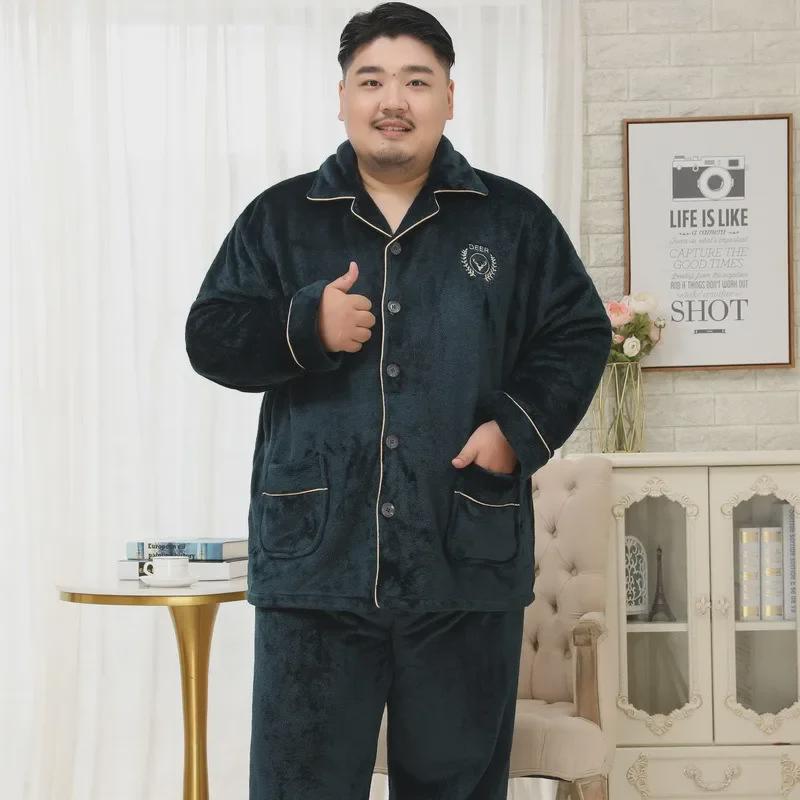 Мужской зимний фланелевый пижамный комплект Meijiyun - размер 5XL Plus, толстые лацканы, длинный рукав