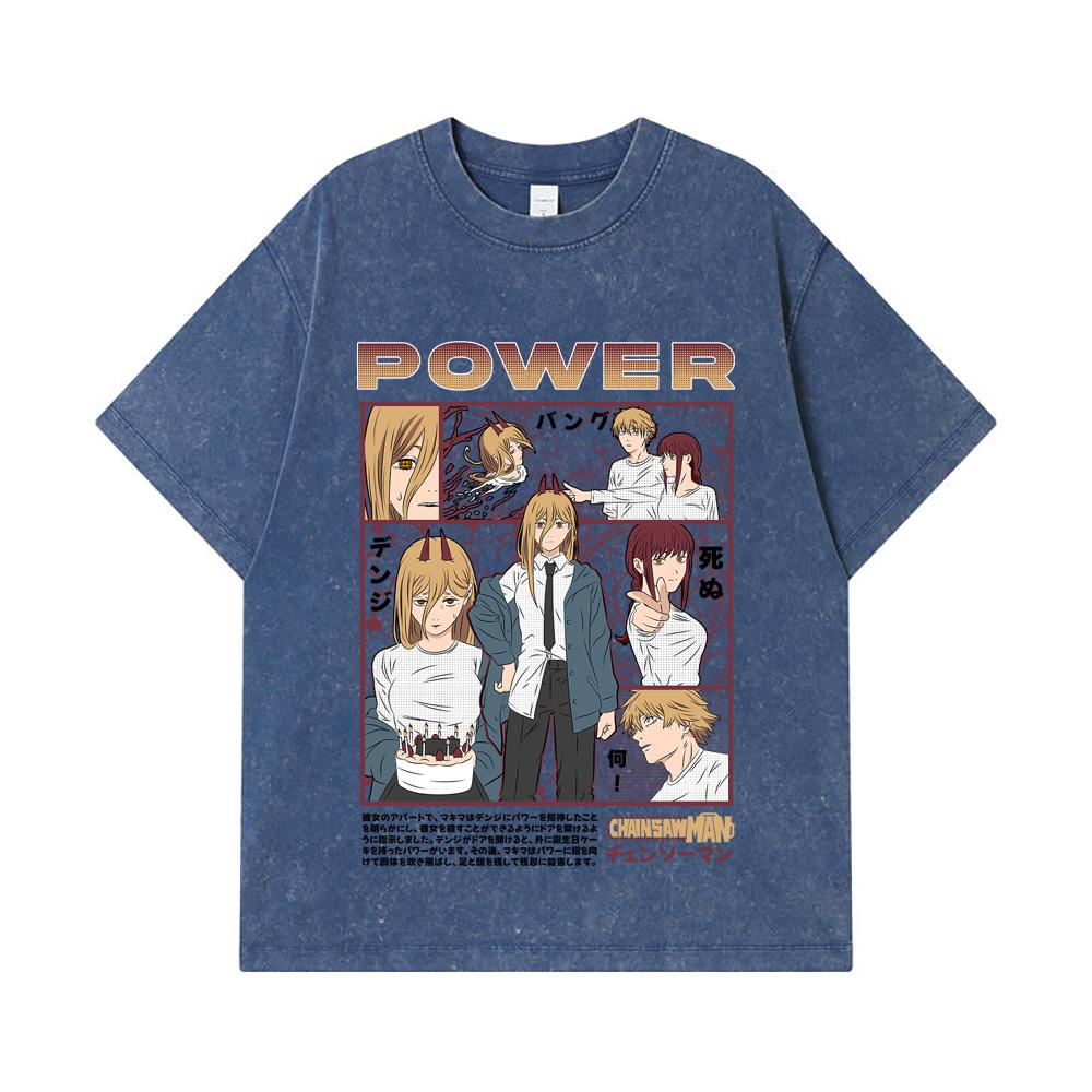 275 GSM Washed T-shirts 100% Cotton Chainsaw Man V1 Power Print Unisex Heavy Cotton T Shirt