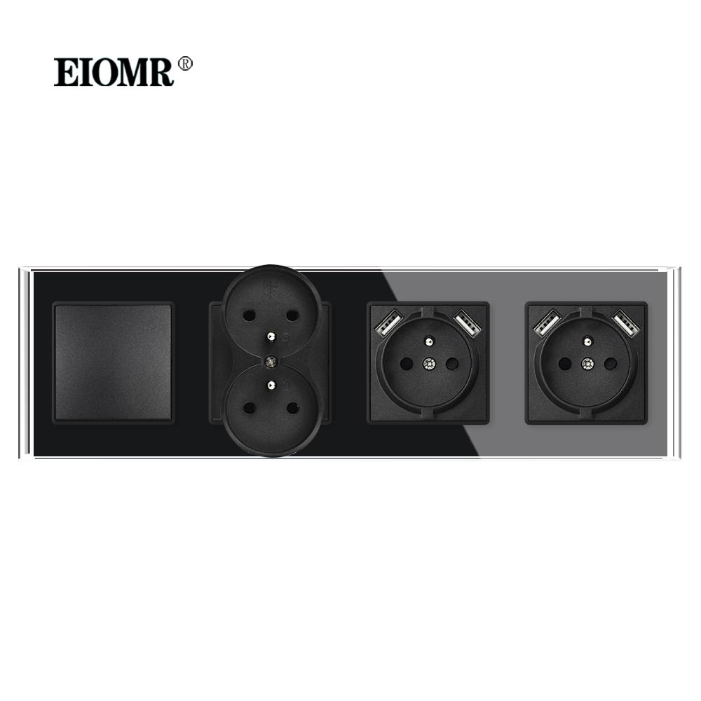 EIOMR Французский Стандарт USB Настенная Розетка Черная Панель из Кристаллического Стекла 16A 110-250V с Железной Лапкой Многофункциональная Электрическая Розетка и Выключателем