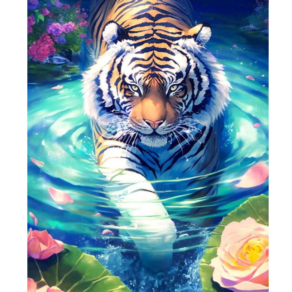 Рамка для рисования по номерам для взрослых, наборы тигров, животных, плавательный рисунок, раскраска по номерам для домашнего декора 40x50