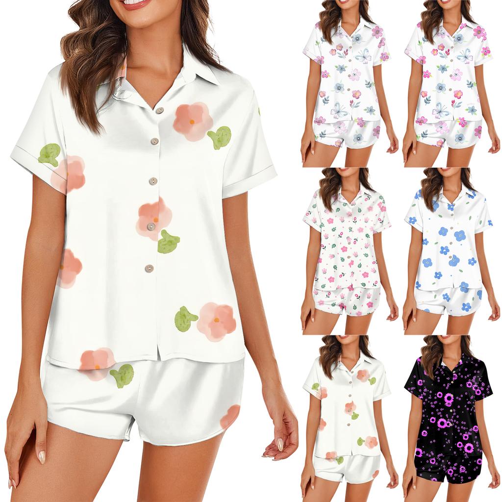 Women's Silk Pajamas Button Homewear Floral Print Short Sleeve Satin Pajama Set 2 Piece Set