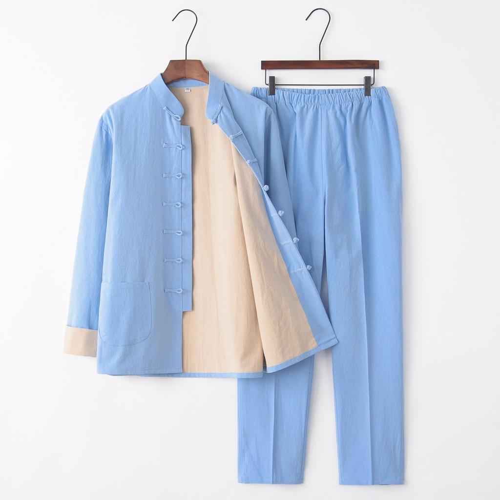 Men's Double-Layer Cotton Linen Tang Suit Set for Autumn/Winter: Zen Meditation & Tea Wear