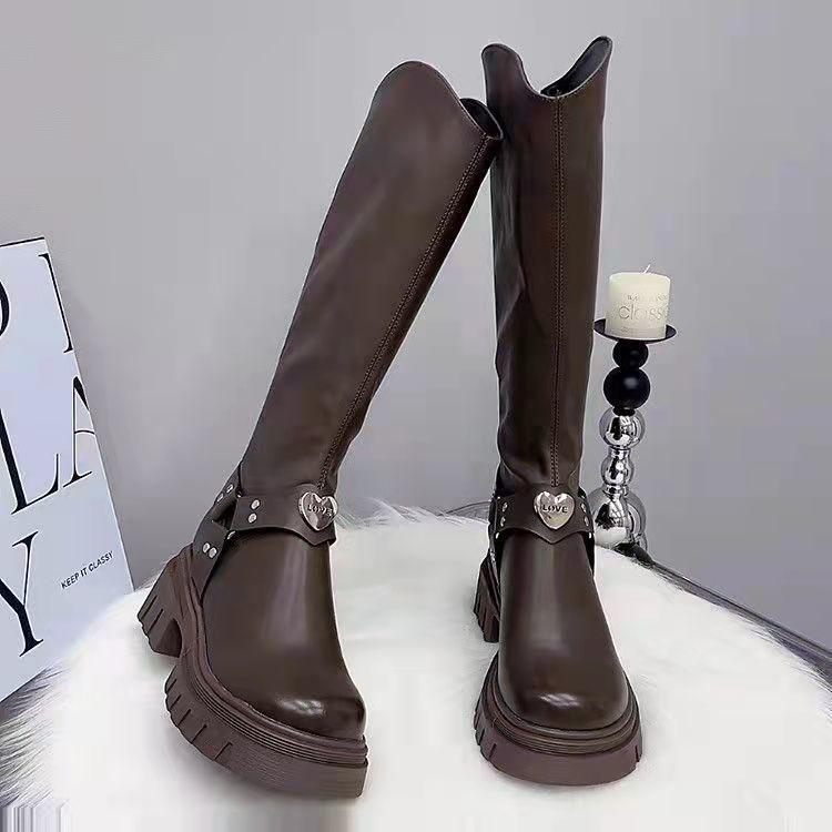 European Station Fleece-Lined Chunky Heel Cotton Knight Boots for Women – Autumn/Winter Korean British Style Slimming High Boots