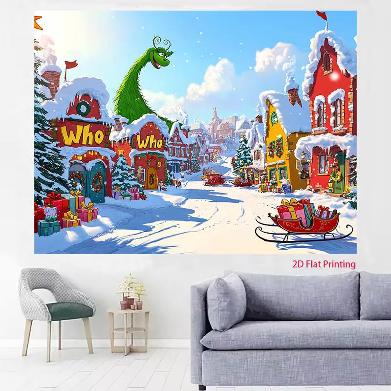 2D Flat Grinch Christmas Village Backdrop, Snowy Who-ville Party Photo Banner