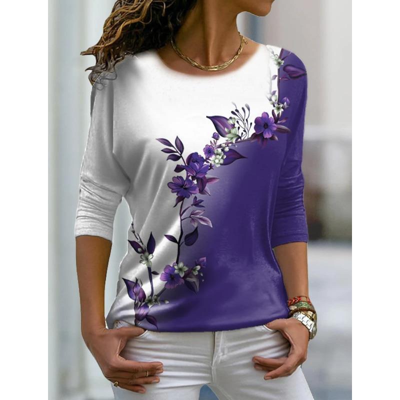 Осенняя универсальная женская футболка с длинными рукавами и цветочным принтом, обычный повседневный топ в стиле ретро с круглым вырезом и разноцветным принтом в стиле бохо