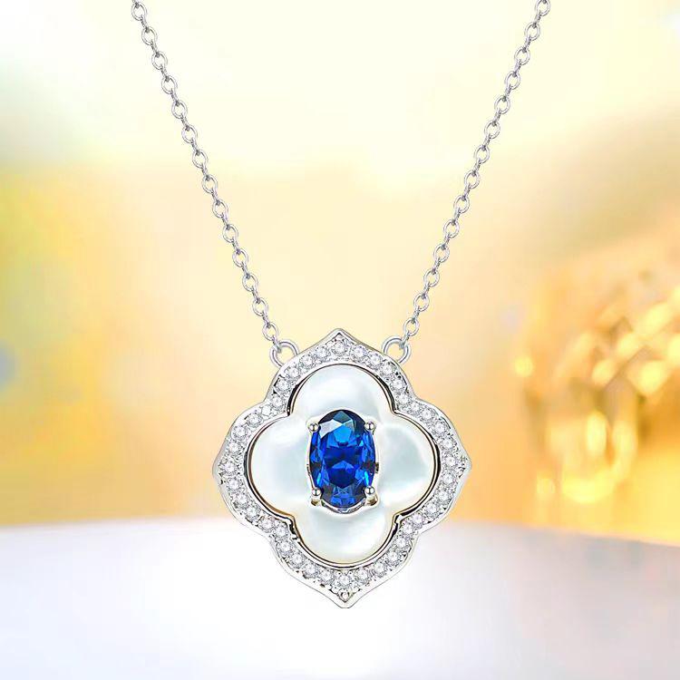 Light Luxury Small Fresh Four-Leaf Clover Fritillary Pendant Necklace High Carbon Diamond Ring Blue Spinel Stud Earrings Temperament Colorful