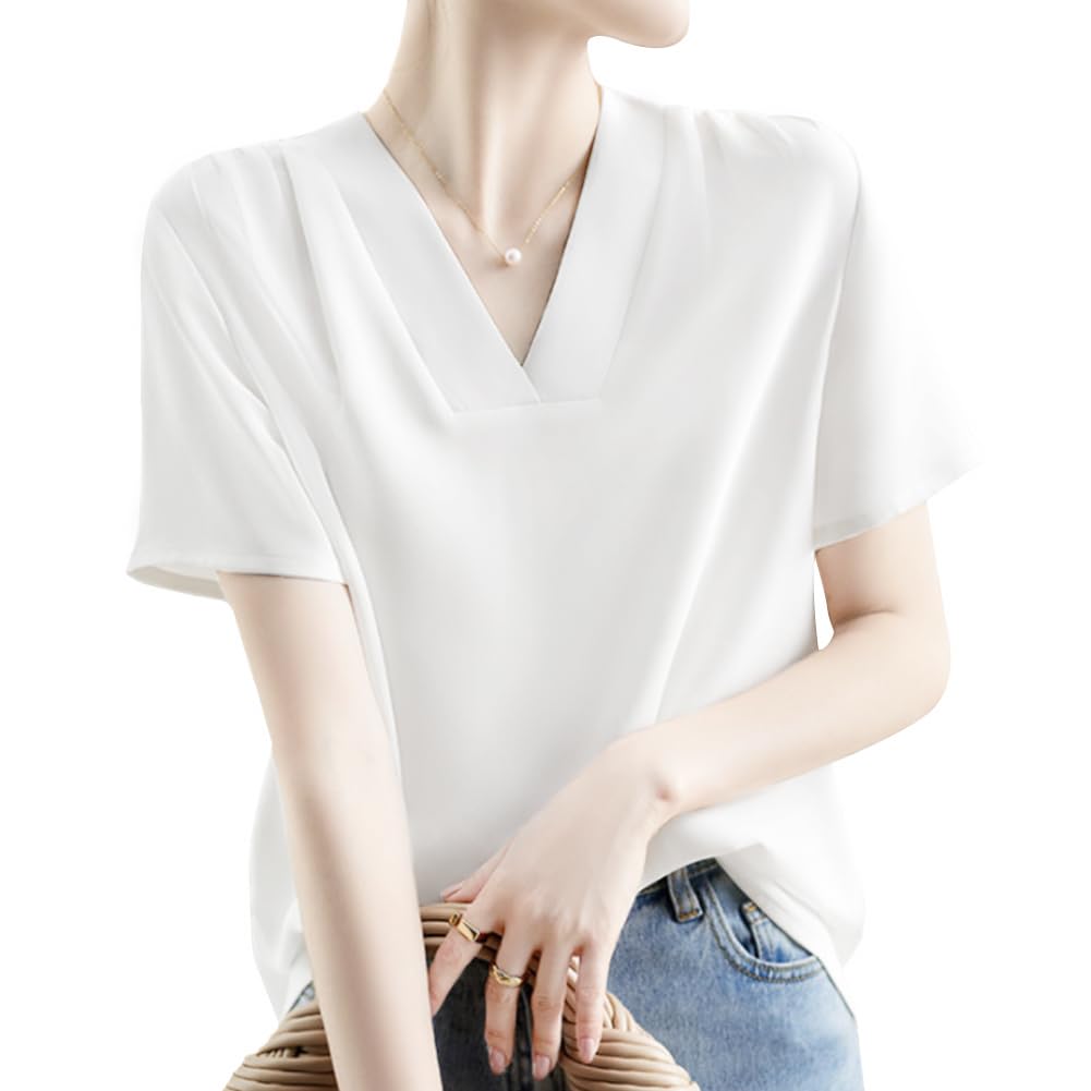 Sueeya Shirt Blouse for Short Summer [Sueeya] Women, Sleeve, V-Neck, Tuck, Body-Concealing, Slimming, Plain, Stylish, Clean, Versatile, Casual,