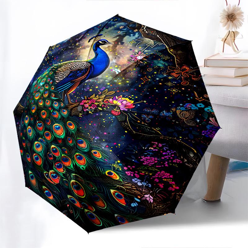 Peacock Fantasy Theme 8 Bone Hand Automatic Folding Umbrella, Compact and Portable Design, A Perfect Gift for Birthday, Christmas or Busines